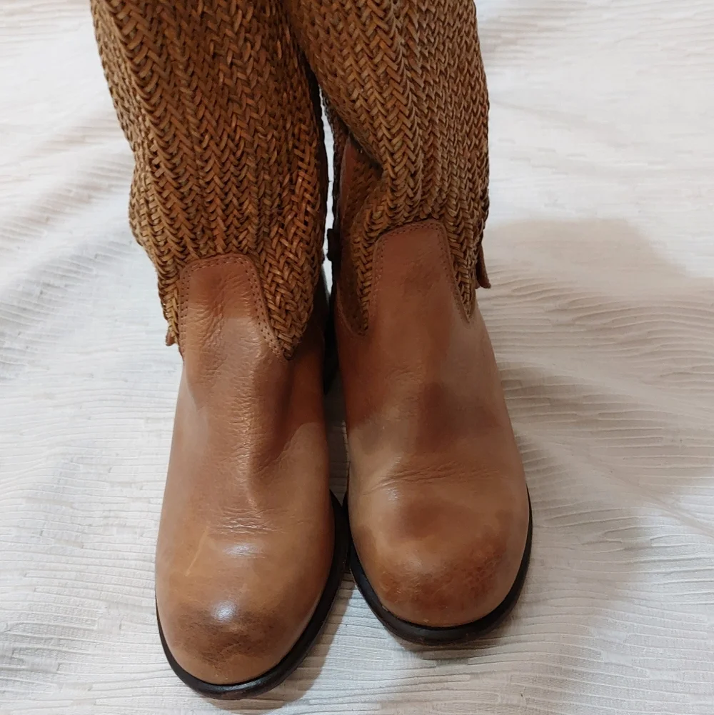 Anthropologie Tan/brown Leather Woven Over the Knee Riding Boots Size 6